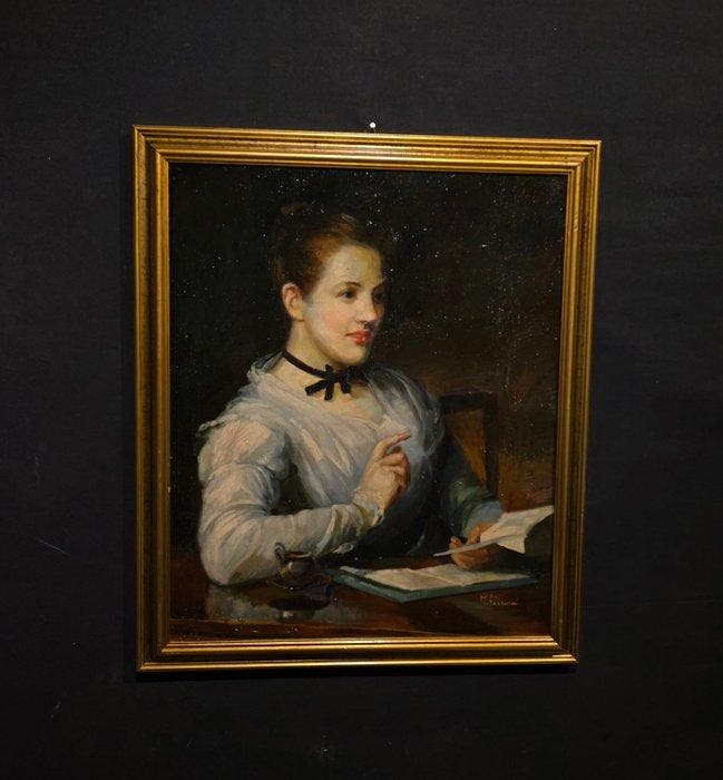 Scuola europea (XX), da Luke Fildes - Donna che scrive, Antiek en Kunst, Kunst | Schilderijen | Klassiek