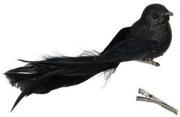 Glittervogels met clip Zwart 16x4 cm pak 4 stuks