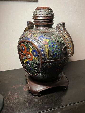 Moonflask - Brons Emaille Hout - China - 20e eeuw