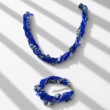 Zesstrengige ketting & armband met sodaliet & kristallen -