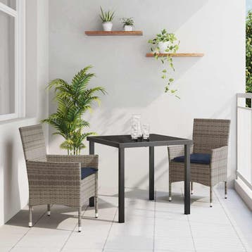 vidaXL Tafel en stoelen set met kussen 3 pcs Grijs PE Riet, Verzenden, Nieuw