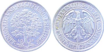 Duitsland 5 Reichsmark 1932 D Eichbaum J 331 vz/stgl zilver, Verzenden, België