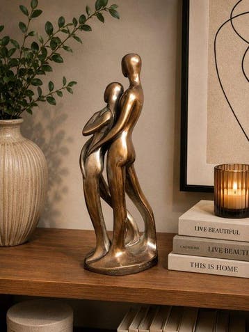 Beeld, Couple Sculpture Stylized Bronze Effect Lovers