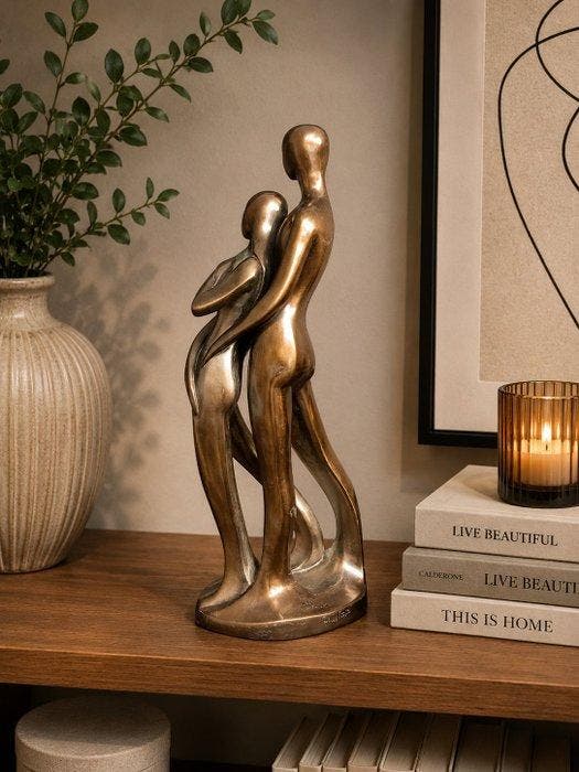 Beeld, Couple Sculpture Stylized Bronze Effect Lovers, Antiquités & Art, Curiosités & Brocante