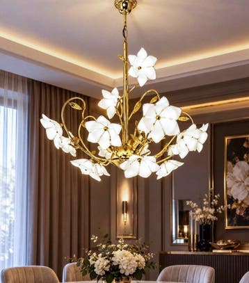 Lustre - Verre, Laiton - Lustre Fleur, Antiquités & Art