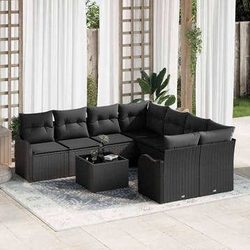 vidaXL Tuinbank Set met kussen 9 pcs Zwart Poly Riet en, Verzenden, Nieuw