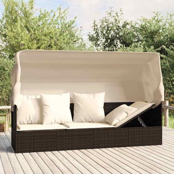 vidaXL Loungebed met luifel en kussens poly rattan bruin, Tuin en Terras, Verzenden, Nieuw