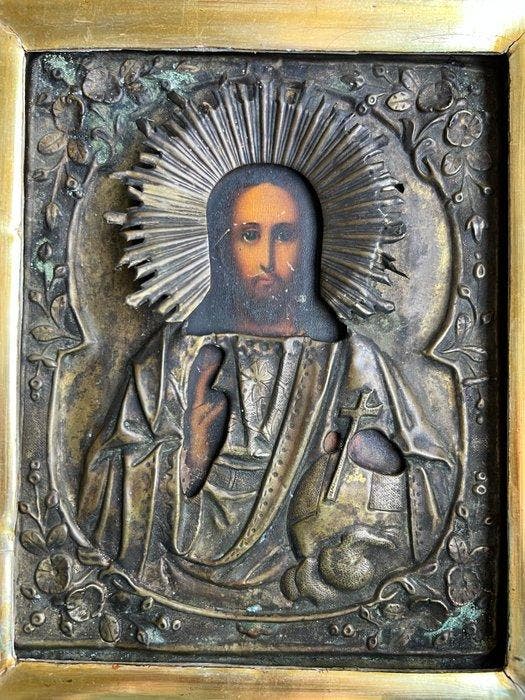 Icoon - Christus Pantokrator - Messing - Russin, Antiquités & Art, Art | Art non-occidental