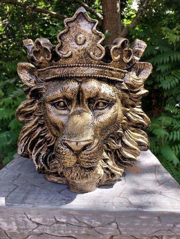 Statue, lion head garden statue bronze color for flowers and, Antiquités & Art