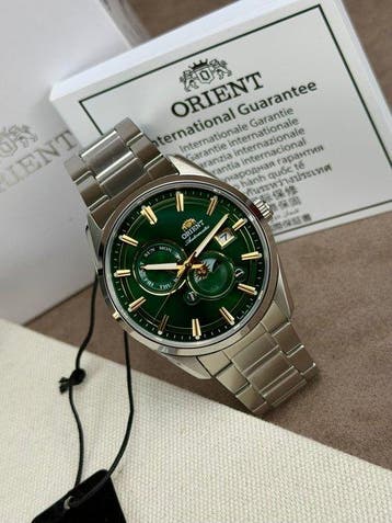 Orient - Stretto Sun & Moon Automatic Day/Date Silver/Green, Nieuw