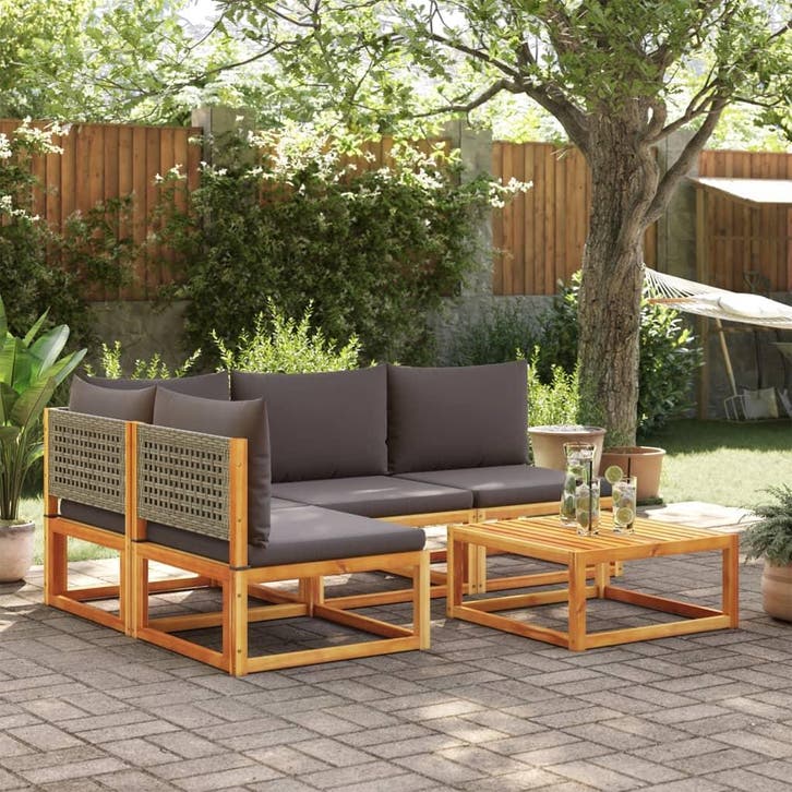 vidaXL 5-delige tuinbankset met kussens acaciahout & rotan, Tuin en Terras, Tuinsets en Loungesets, Nieuw, Verzenden