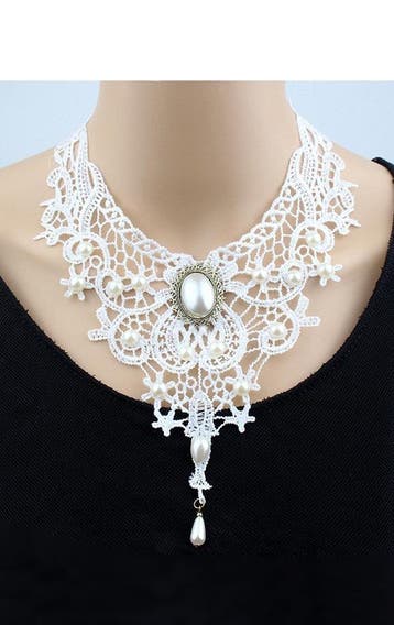 KIMU® Ketting Kant Wit Steen Steampunk Lolita Witte Kanten C, Ophalen of Verzenden