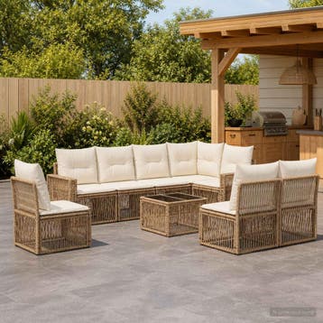 vidaXL Tuinbank Set 9 st Beige en Crème Wit poly rattan, Verzenden, Nieuw