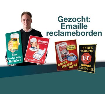 Emaille reclamebord , oud emaille bord GEZOCHT / GEVRAAGD, Collections