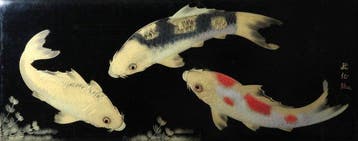 Paneel - Wajima-lakwerk, ingelijst paneel met koi-karpers in