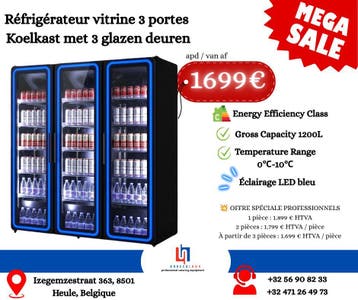 OFFRE SPÉCIALE PROFESSIONNELS – RÉFRIGÉRATEUR 3 PORTES VITRÉ, Verzenden