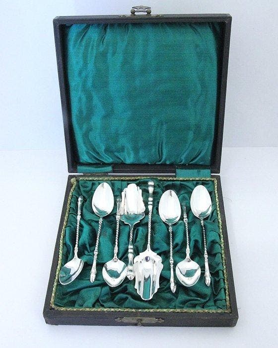 6 identieke Antieke (1910-1920) Theelepels + Suiker- en, Antiek en Kunst, Antiek | Zilver en Goud