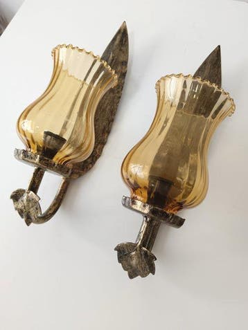 Wandkandelaar (2) - Rustieke wandarmaturen - Metaal, Glas,