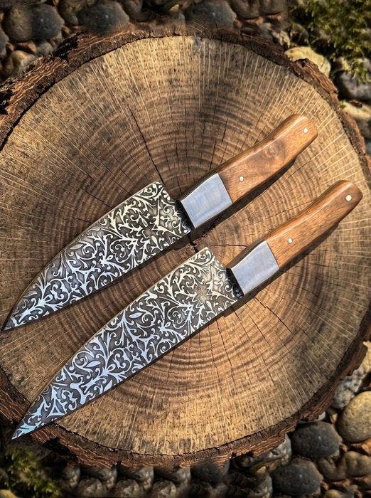 Premium Kitchen , Chef Knife , Etching Hand Forged in Old, Antiek en Kunst, Antiek | Keukengerei