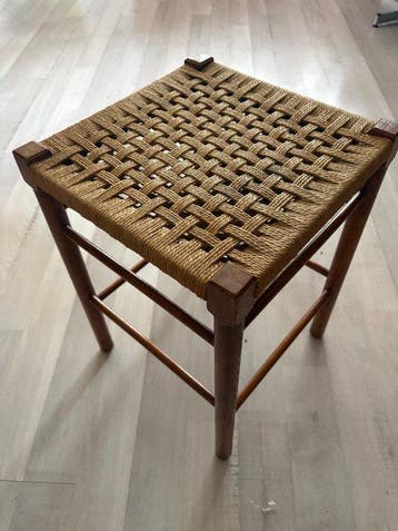 Kruk - Hout, touw - Vintage krukje met dubbele gevlochten
