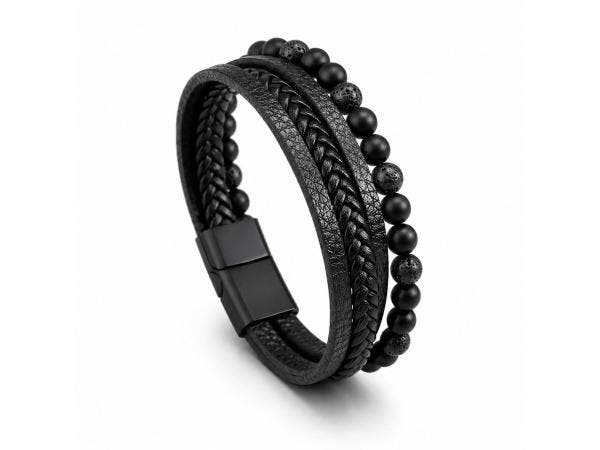 Veiling - Heren Armband Zwart Gevlochten Design met Kralen, Handtassen en Accessoires, Armbanden