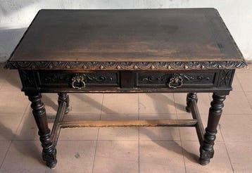 Bureau plat (2) - Noyer, Cuir - bureau et chaise, Antiek en Kunst