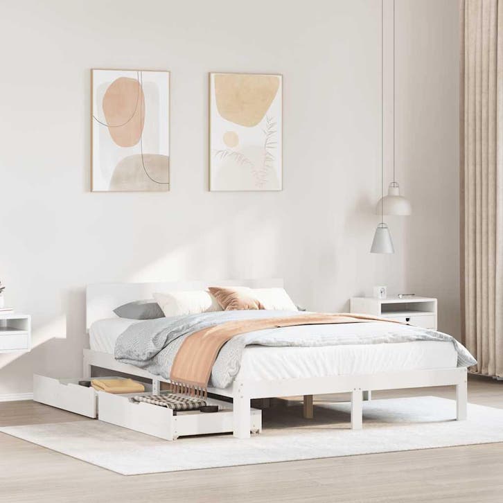 vidaXL Bedframe met lades massief grenenhout wit 140x200 cm, Huis en Inrichting, Slaapkamer | Bedden, Nieuw, Verzenden