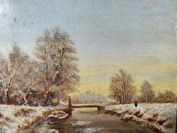 W Aberson (1885-1984) - Winterlandschap-Korenveld-Koe-Ruiter