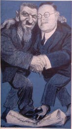 Twee mannen vieren gefaalde benoeming op spotprent (Lithos), Verzenden