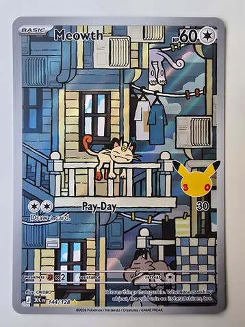 MEOWTH (30TH CELEBRATION 144/128) (TRADING CARD), Gebruikt