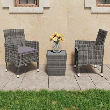 vidaXL 3-delige Bistroset poly rattan en gehard glas grijs, Verzenden