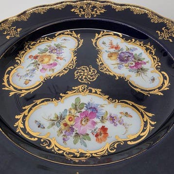 Meissen - Hand-Painted Floral Cartouches & Cobalt Blue -