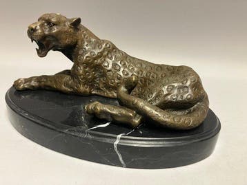 sculptuur, Liggende Panter - 13 cm - Brons, Antiek en Kunst