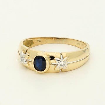 Bague - 18 carats Or jaune Saphir - Diamant