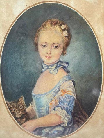 Franse school (XIX) - Portrait de jeune fille en bleu et son, Antiek en Kunst, Kunst | Schilderijen | Klassiek