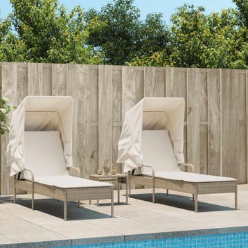 vidaXL Ligbedden 2 st met luifels en tafel poly rattan beige, Tuin en Terras, Verzenden, Nieuw