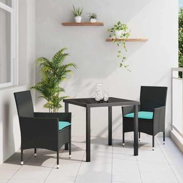 vidaXL Tafel en stoelen set met kussen 3 pcs Zwart PE Riet, Verzenden, Nieuw