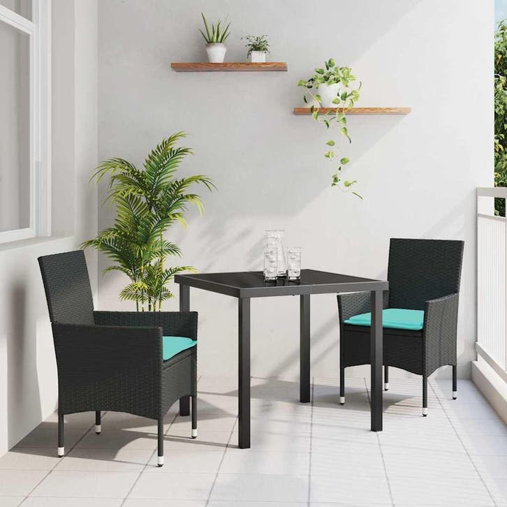 vidaXL Tafel en stoelen set met kussen 3 pcs Zwart PE Riet, Jardin & Terrasse, Ensembles de jardin, Envoi