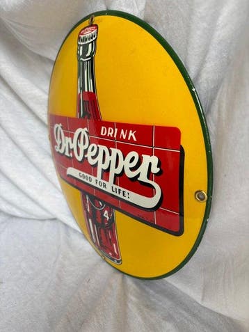 Rond Dr Pepper emaille reclamebord met fles – 30 cm -