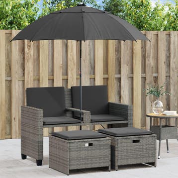 vidaXL Tuinbank 2-zits met parasol en voetenbanken poly, Tuin en Terras, Verzenden, Nieuw