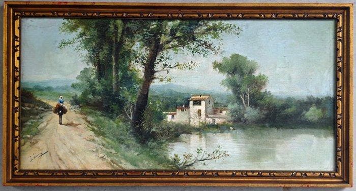 École espagnole (XIX) - Le chemin au bord de la rivière, Antiek en Kunst, Kunst | Schilderijen | Klassiek