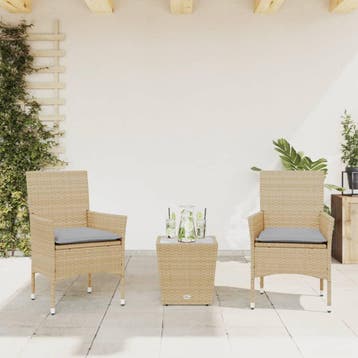 vidaXL 3-delige Bistroset met kussens poly rattan en glas, Verzenden, Nieuw