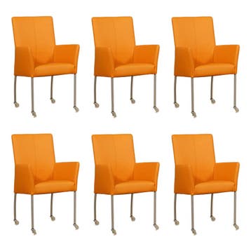 Set van 6 Leren eetkamerstoelen Comfort met wieltjes en, Ophalen of Verzenden