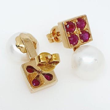 Oorbellen - 18 karaat Geel goud - 1.20ct. tw. Robijn - Parel