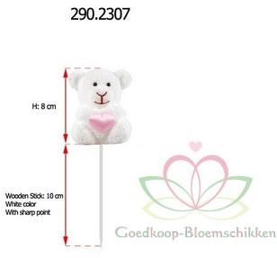 Bijsteker Beer Wit met Roze hart 8 cm op stok, Nieuw