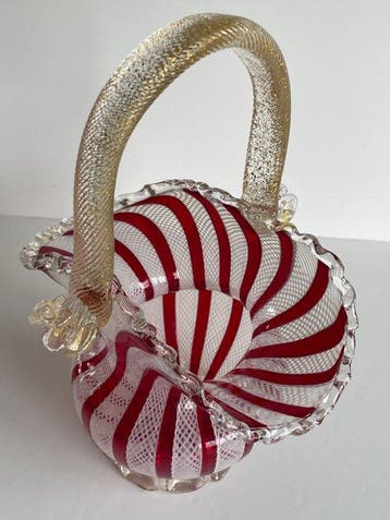 Murano – Red-and-White Reticello and Zanfirico Glass Basket
