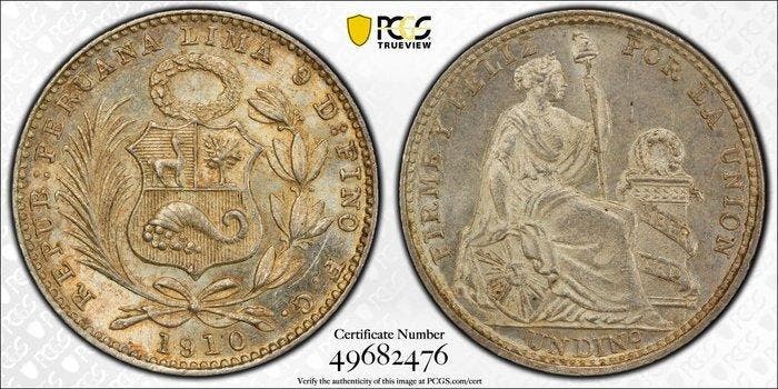 Peru. Dinero 1910 - PCGS MS64 (FG), Postzegels en Munten, Munten | Europa | Niet-Euromunten