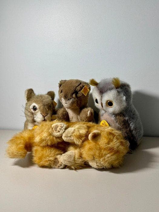 Steiff - Speelgoed Cat, Rabbit, Beaver, Owl - Lot of 4 x, Antiquités & Art, Antiquités | Jouets