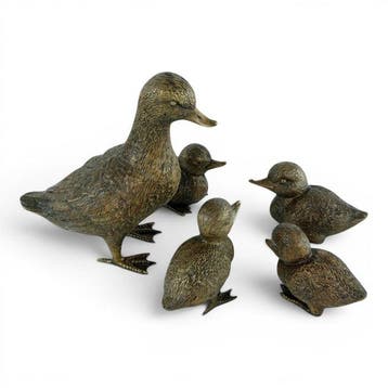 sculptuur, Duck with Ducklings - 19 cm - Brons