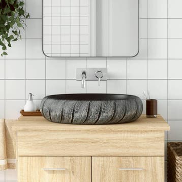 vidaXL Opzetwasbak ovaal 59x40x15 cm keramiek zwart en grijs, Verzenden, Nieuw